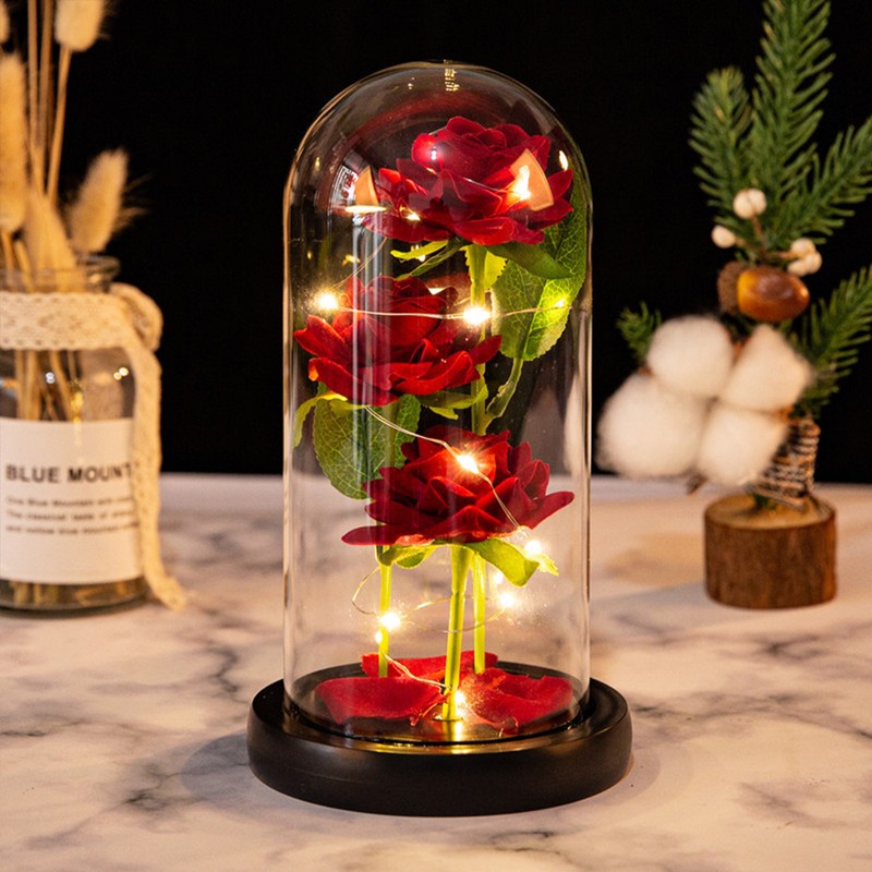 Glass Dome Rose Ornament LED Strip Light Blessing Romantic Glass