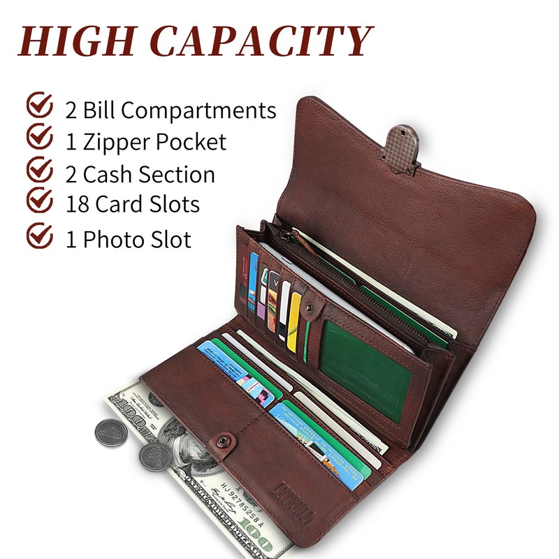LETEULO Women's Large Leather Purse, Large Multiple Compartments with 18