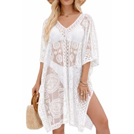 Copricostume sexy ed elegante in pizzo da donna, copribikini con scollo a V per vacanze e feste, Bianco