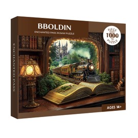 Train Forest Book Puzzle 1000 Pieces for Adults, Magic Vintage Plant Jigsaw Puzzles Castle, Fantasy Bookshelf Nature Tree Puzzles