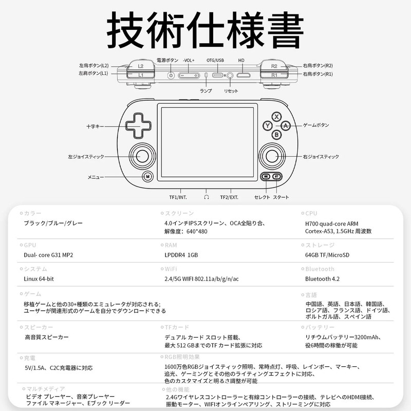 Anbernic RG40XX H Whatsko 超薄型携帯ゲーム機 Linuxシステム搭載 4.0インチIPSOCAフルスクリーン WiFiオンライン対戦Bluetooth機能 RGB照明効果 64GB
