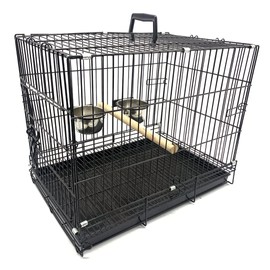 Mcage Black Travel Bird Parrot Cage with Standing Wooden Perch and Stainless Steel Dishes