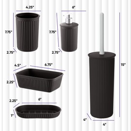 Superio Ribbed Plastic Bathroom Accessories Set, Soap Dish, Dispenser, Holder, Tray (Brown, Bathroom Accessories (Set of 5))