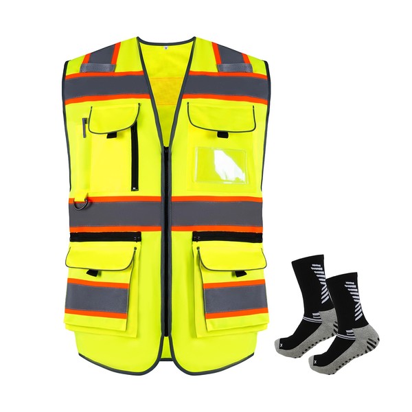 ShinFashion Class 2 Hi Vis Safety Vest with Reflective - Anti Slip Sports Socks Combination,Meets ANSI/ISEA Standard Yellow, M