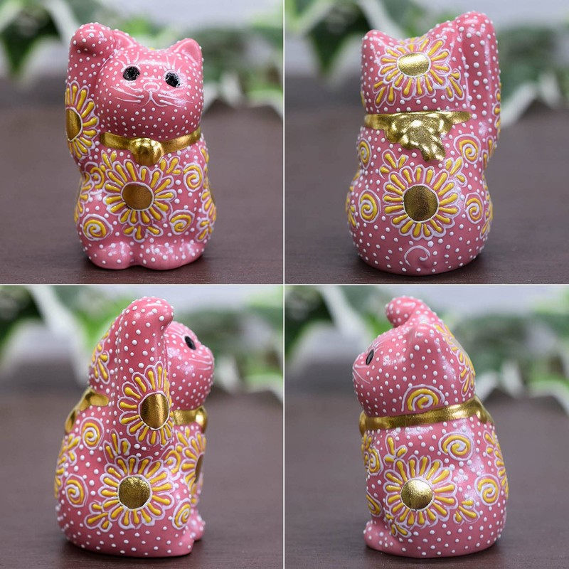 Maneki Neko Figurine, Kutani Ware, Right Maneki Neko, Pink Shori