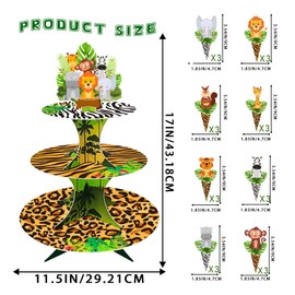3 Tier Jungle Safari Cupcake Stand with 24 Cupcake Toppers Wild Animal Theme Cardboard Cupcake Holder Dessert Display Stand Tower for Jungle Safari Theme Party Decorations