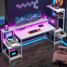 DurayLoly 63" Gaming Desk with LED Lights & Outlets,Computer Desk with Drawers & Monitor Stand,Gaming Table with Storage Shelves & Printer Space for Game Room,Study Room,Home Office,Bedroom,White