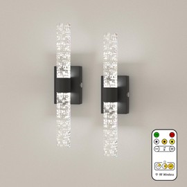 ThyFenno Battery Operated Crystal Wall Sconce with Remote Control, 3 Color Temperature Dimmable Wall Lamp, 2 Head Light, Black