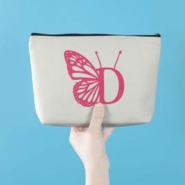 AOZHUO Initial Makeup Bags for Women Lined Monogram Cosmetic Bag Birthday Gifts for Women Girls Bridesmaid Best Friends Sisters, Travel Toiletry Bag, Pink Butterfly Letter D