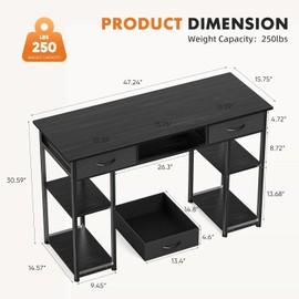 Sweetcrispy Computer Desk - 48 Inch Home Office Bedroom Writing Gaming Study PC Table with Storage Shelves Drawers, Side Bag Headphone Hook, Metal Frame Adjustable Feet, Pure Black