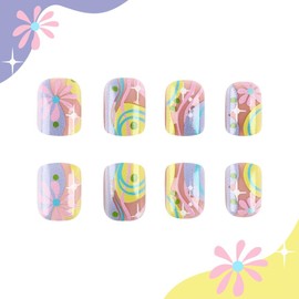 24Pcs Press on Nails Short Square Fake Nails with Flower Leaves Designs Spring False Nails Colorful Floral Full Cover Acrylic Nails Press Nail File Stick Jelly Glue on Nails Kit for Women