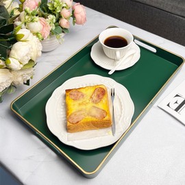 UOEKCS Rectangular Decorative Tray, Plastic Serving Trays with Handles, Coffee Table Tray for Ottoman, Living Room, Kitchen, Home Decor 15.7” x 10.2” x1.37”(Green)