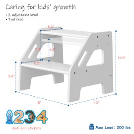 Harwaya Kids Toddler Step Stool for Bathroom Sink, 2 Step Stool for Toddlers Potty Training, Adjustable Height Baby Child Stepping Stools with Handles for Toilet Kitchen Counter Nursery (White Wood)