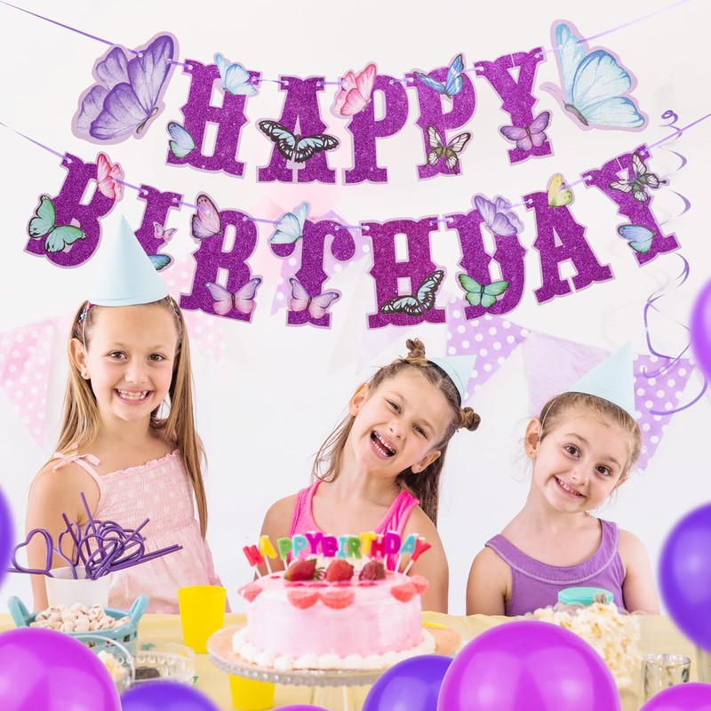 Butterfly Birthday Banner, Purple, Pink, and Gold, Party Decoration