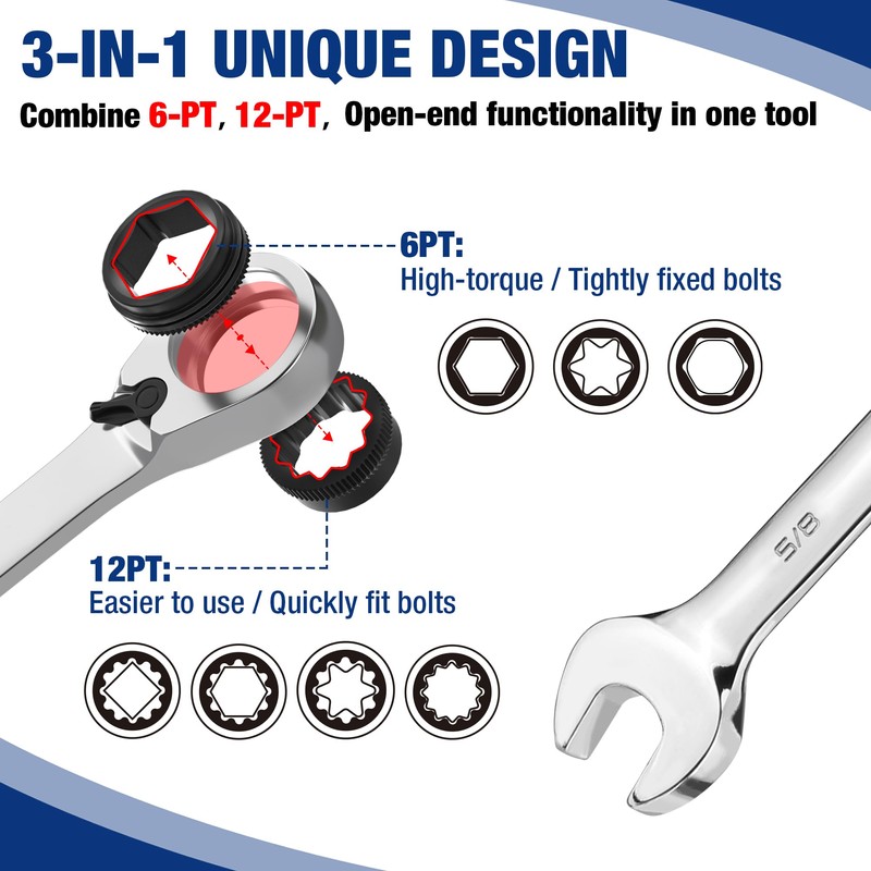 WORKPRO 7-Piece 3-in-1 Reversible Ratchet Wrench Set, SAE 5/16" to