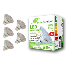 greenandco 5x CRI 90+ MR16 GU5.3 LED Spotlight, 6 W, 360 lm, 3000 K Warm White, 110°, 12 V AC/DC, Not Dimmable