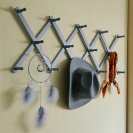 SKOLOO Hat Rack for Wall with 14 Hooks, Solid Wooden, Modern, Expandable Coat Rack Wall Mount for Coats, Hats, Bags, Baseball Caps, Dusty Gray Oak