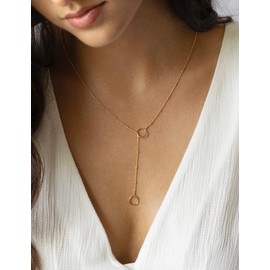 FUNEIA Women's 14K Gold Plated Fashion Jewellery Chain Long Y Chain with Heart Beads CZ Pendant Waterproof Adjustable Anchor Chains Drop Necklace Gold for Women Jewellery