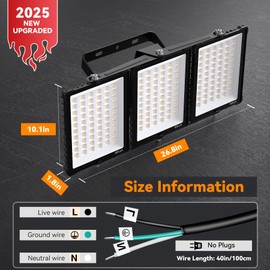 600W 2025 Plus New Upgraded LED Outdoor Flood Light, 15000LM 6000K Daylight White IP66 Waterproof, Stadium Lights, 3 Heads Adjustable Outdoor Floodlight Security Lights for Yards, Patios, Street