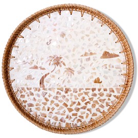 Round Rattan Tray with Mother of Pearl Inlay & Wooden Base - Decorative Wicker Serving Tray for Coffee/Bread/Fruits, Food Storage & Display - Multipurpose Home Decor (13.8" Island)