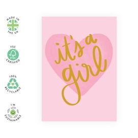 Gender Reveal Card - It’s a Girl, Pink Heart Design – Surprise for Family, Mum, Dad, Brother, Sister, Colleagues, Children, Relatives - New Baby, Baby Shower, Newborn Arrival – Comes with Stickers