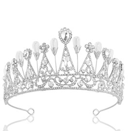 Bridal Wedding Crown Rhinestone Crystal Pearls Tiara Headband Hair Jewelry For Christmas Wedding Prom Pageant Costume Birthday Party Photography (Silver)