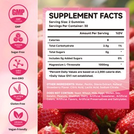 Magnesium L-Threonate Gummies 1000mg, Magnesium Gummies for Kids & Adults, Sugar Free for Muscle & Nervous Health Support, Non-GMO, Strawberry Flavor 60 Count