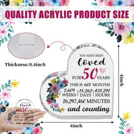 50th Birthday Gifts for Women, 50th Anniversary Presents for Wife, You Have Been Loved for 50 Years Gifts Acrylic Heart Plaque, Birthday Decorative Signs Keepsake for Women Mom Wife Grandma Daughter
