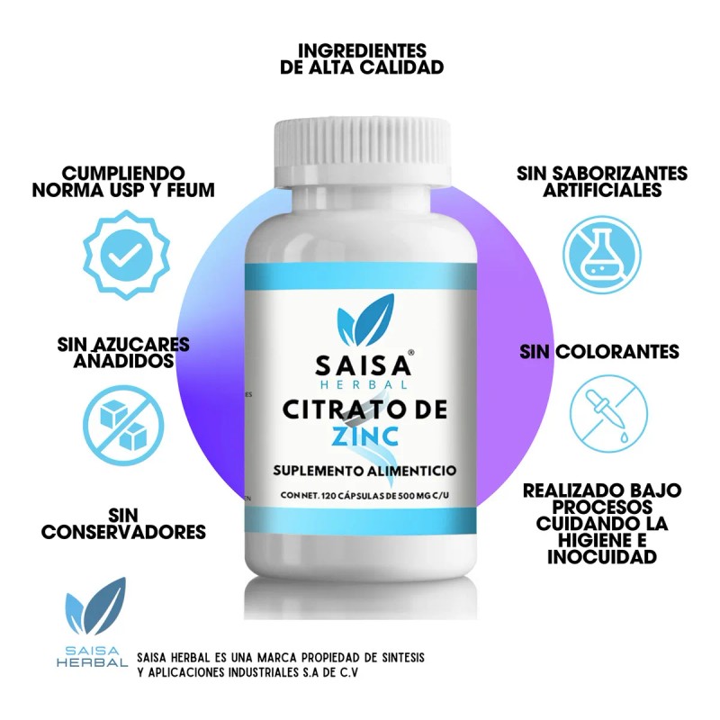 Citrato de Zinc 120 Cps SAISA HERBAL Suplemento Alimenticio Alta