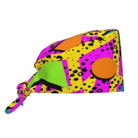 Retro 80s Geometric Working Cap with Sweatband Unisex Breathable Scrub Cap Adjustable Elastic Bandage Tie Back Hats