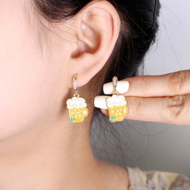 JunyiDIY Yellow Beer Mug Earrings, Women’s Statement Enamel Alloy Four-Leaf Clover Lucky Jewelry for Sisters Best Friends Graduation Birthday Party YA5718