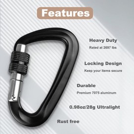 2PCS Hammock Carabiner Clip 12kN 7075 Aluminium Alloy Auto Locking Carabiner Clips Heavy Duty 2645lbs/1200kg Carabiner Lightweight for Outdoor, Camping, Hiking, Dog Leash Harness, Keychains Black