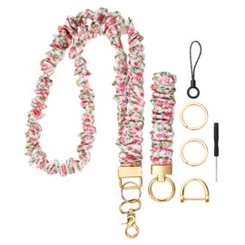 Marspark 1 Set Scrunchie Lanyard for ID Badges Wrist and Neck Lanyard Set Scrunchie Keychain Wristlet, Stretchy Key Chain Wrist Bracelet for Car Keys(Floral,Pink)