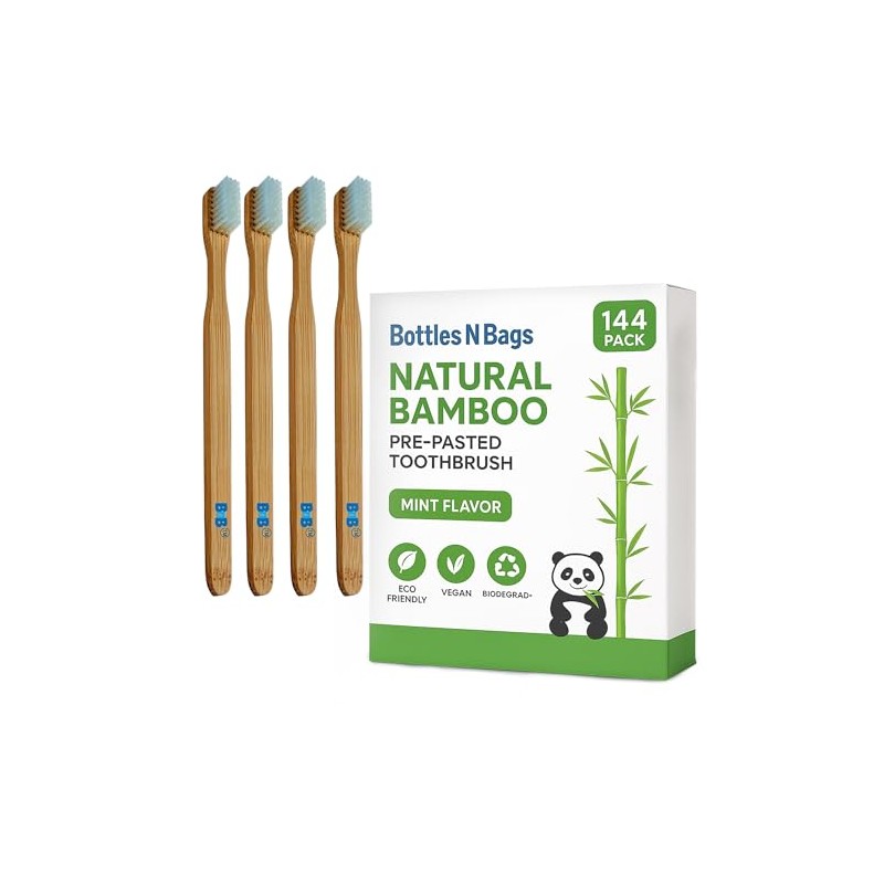 Bottles N Bags 144 Biodegradable Prepasted Bamboo Tooth Brush Individually