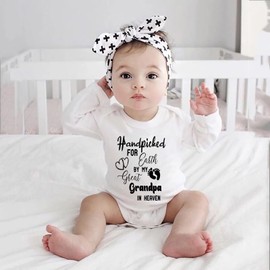 WOOYONGING Hand Picked For Earth By My Great Grandpa In Heaven Romper for Girls Long Sleeve Baby Bodysuit White Baby Romper 3 Month