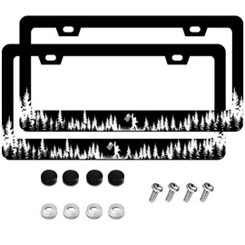 KDQEP 2Pcs Coniferous Forest Bigfoot License Plate Frame,Rock Black Cool License Plate Frame,Rust-Proof Waterproof Stainless Steel 2 Hole License Plate Holder for Men Women 12.2 X 6 Inch