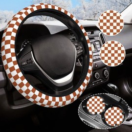 Brown Checkered Steering Wheel Cover Anti-Slip and Practical 14.5-15 Inch Universal Steering Wheel Cover with 2 Pieces Car Coasters Suitable for Men Women