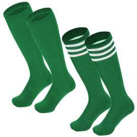 Century Star Kids Soccer Socks Striped Cotton Atheletic Softball Baseball Socks Toddler Youth Knee High Socks for Boys Girls, Green & Green White, 9-12 Years