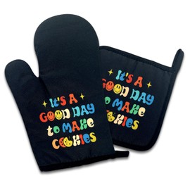 Funny Oven Mitts and Pot Holders Set,It's A Great Day for Making Cookies,Silicone Non-Slip Insulator,Kitchen Gift for Baking Mom, Baking Dad,Bakery Chef,Housewarming Gift