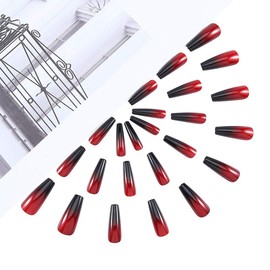 Handcess Coffin Glossy False Nail Long Black and Red Ballerina Press on Nails Gradient Acrylic Art Full Cover Fake Nails for Women and Girls (24 Pieces)