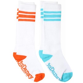 juDanzy 2 Pack of Baby, Toddler and Kids Knee High Tube Socks for Boys and Girls with Grips (4-6 Years, White with Orange & Turquoise Stripes