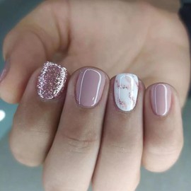 Square Press on Nails Short False Nails with Glitter & Marble Designs Purple Fake Nails Glossy Glue on Nails Summer Acrylic Nails Daily Wear Natural Stick on Nails for Women 24Pcs
