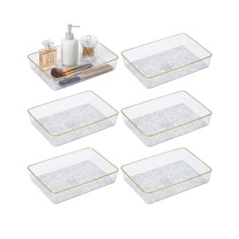 Clear Acrylic Tray, 6 Pack Acrylic Serving Trays Deep Serving Platter Decorative Tray with Gold Rim, Reusable Plastic Tray for Living Room Entryway Bedroom Kitchen Coffee Table Coutertop (Small)