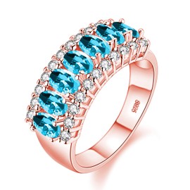 Uloveido Women's Rose Gold Plated Simualted Oval Light Blue Topaz Ring, 7 Stone Cubic Zirconia Wedding Ring J501 (Light Blue, Size Q)