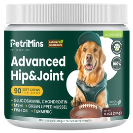 PetriMins Advanced Hip & Joint Supplement for Dogs with Glucosamine and Chondroitin, for Dogs Glucosamine, Organic Turmeric, Egg Shell Membrane, Green Lipped Mussel, 90-Count, Bacon