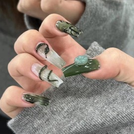 IMSOHOT Press on Nails Coffin Long Fake Nails Green Ombre Acrylic False Nails with Bamboo Snake Designs Glossy Glue on Nails Full Cover Gel Ballerina Nails for Women 24Pcs