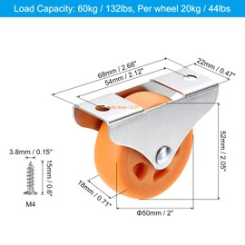 PATIKIL 2" Rigid Fixed Plate Caster Wheels, 4 Pack Low Profile Caster PP Wheels with M4 Screws Total Load Capacity 132 Lbs for Drawers Cabinet Rolling Furniture, Orange