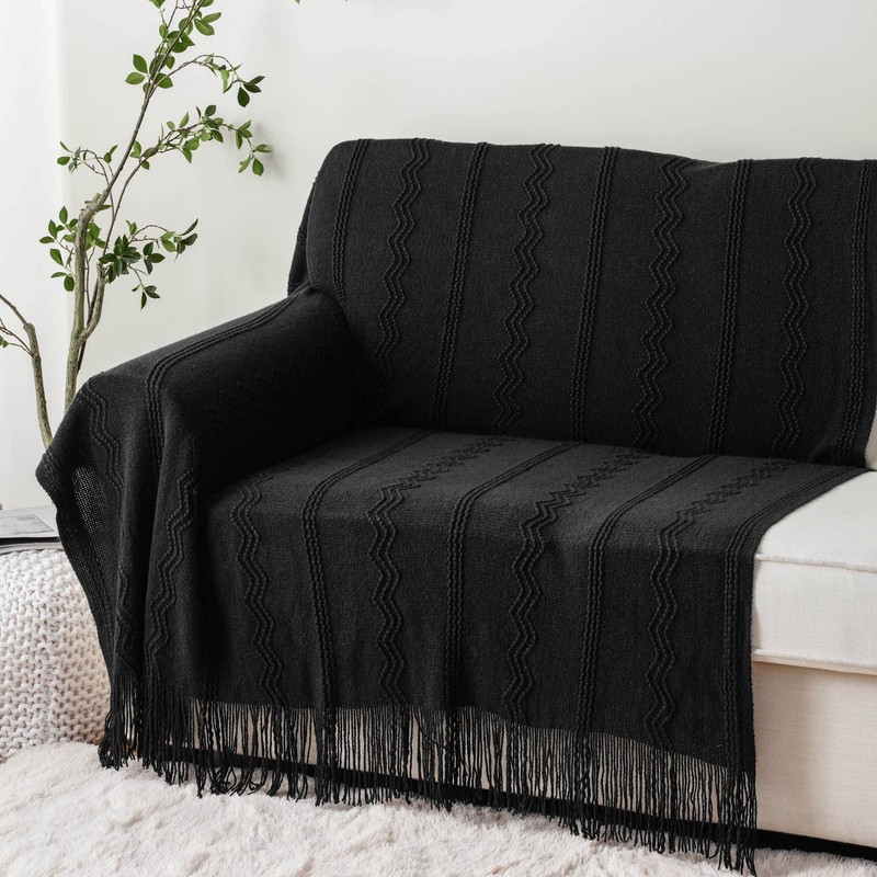 Battilo Black Throw Blanket with Fringe, Bed Throws for Home