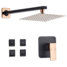 LCEVCGK Shower Faucet Set Bathroom Matte Black and Rose Gold Rainfall Shower System Wall Mount with 8 Inch Square Shower Head, Single Function Shower Trim Kit with Rough-in Valve