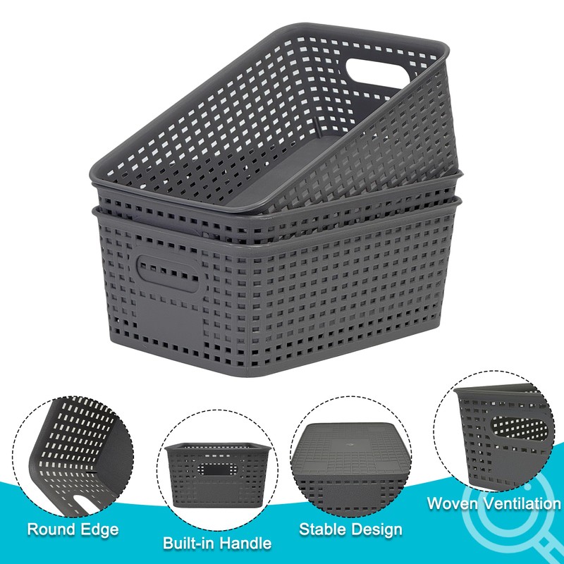 3 Pack Plastic Storage Baskets with Handles,Stackable Organizer Bins for